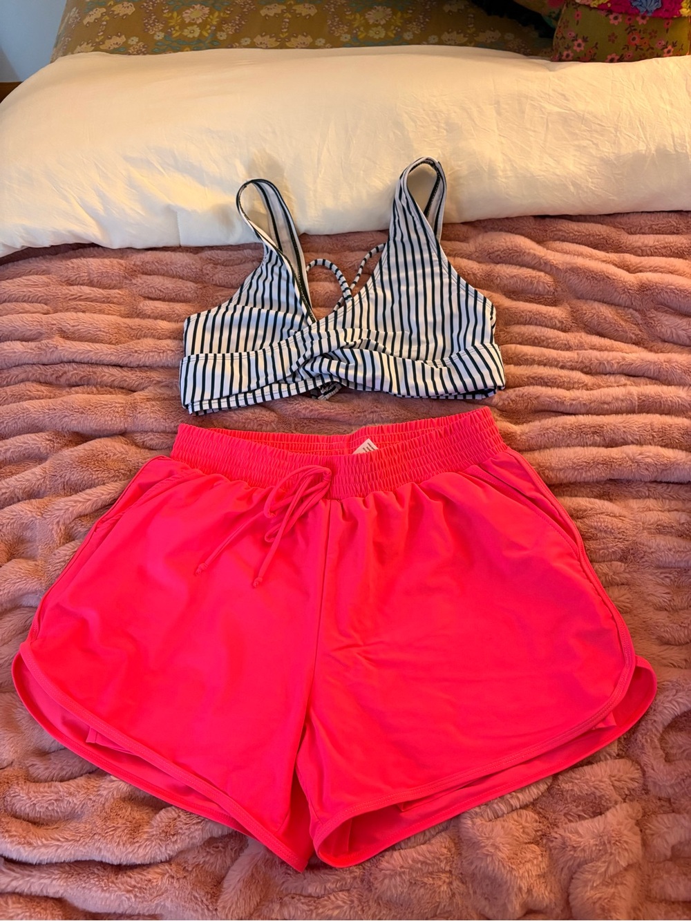 Albion Striped Navy & White Bikini Top with Bright Pink Swim Shorts